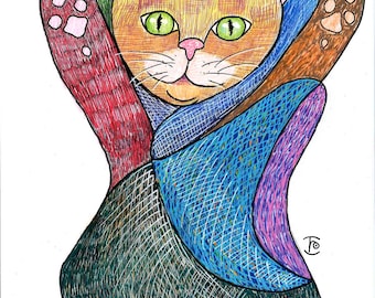 Arte original. Café de Gatos. Gata Babushka. Desenho à mão livre, arte de parede com gato. Abstrato, ingênuo, ilustração. Arte original em técnica mista, desenho à mão.