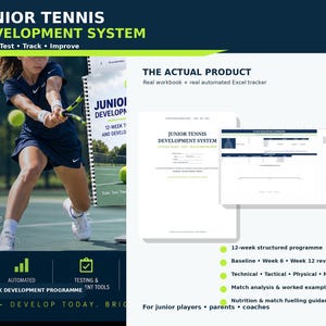 May include: A Junior Tennis Development System featuring a 12-week structured program, a workbook, and an automated Excel tracker. The materials include technical, tactical, physical, and mental training components, match analysis, and nutrition guidance.