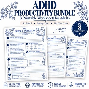 Arbeitsblätter-Paket für Erwachsene mit ADHS: Produktivitätssteigerung, exekutive Funktionen, Konzentration und Zeitmanagement
