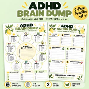 Puede incluir: Un conjunto de dos páginas imprimibles de volcado cerebral y plan de acción para TDAH con ilustraciones de limones. Las hojas incluyen secciones para personal, hogar, trabajo, finanzas, personas, salud e ideas, con el texto ADHD BRAIN DUMP.