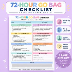 May include: A 72-hour go bag checklist emergency packing list document with sections for water, food, health, first aid, light, communication, documents, money, clothing, shelter, hygiene, sanitation, and special needs with checkboxes.