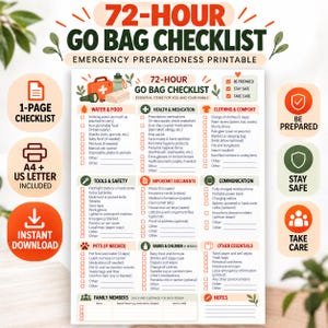 May include: A 72-hour go bag checklist emergency preparedness printable document. The page features categorized sections for water, food, health, medication, clothing, tools, safety, documents, communication, pets, babies, and children with checkboxes.