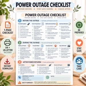 May include: A Power Outage Checklist document featuring three sections: Before the Outage, During the Outage, and After Power Returns. The checklist includes checkboxes for essential supplies, home preparedness, medical needs, and safety reminders.