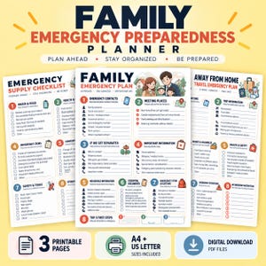 May include: A three-page digital Family Emergency Preparedness Planner set featuring an Emergency Supply Checklist, a Family Emergency Plan with an illustration of a family, and an Away From Home Travel Emergency Plan, all in A4 and US Letter sizes.