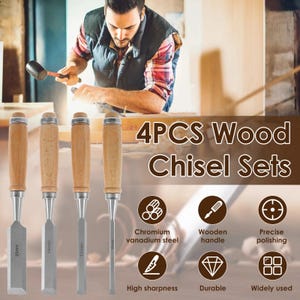 May include: A 4-piece wood chisel set featuring light wood handles and steel blades with widths of 25mm, 19mm, 12mm, and 6mm. The image includes text reading 4PCS Wood Chisel Sets, Chromium vanadium steel, Wooden handle, Precise polishing, High sharpness, Durable, and Widely used.