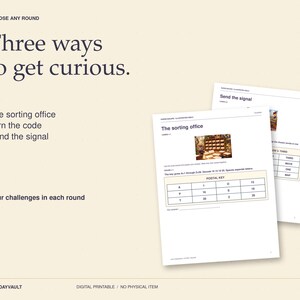 May include: A digital printable document titled Three ways to get curious, featuring the text The sorting office, Turn the code, and Send the signal. It includes a postal key table with letters and numbers, and a section for four challenges in each round.
