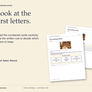 May include: A digital printable game titled The Sorting Office featuring instructions to look at the first letters of numbered cards. The document includes a puzzle with evidence cards labelled Line 1, Line 2, and Line 3, requiring players to read, select, and record letters to solve the mystery.