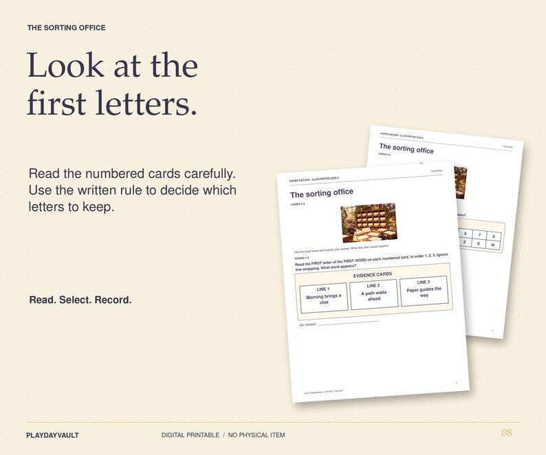 May include: A digital printable game titled The Sorting Office featuring instructions to look at the first letters of numbered cards. The document includes a puzzle with evidence cards labelled Line 1, Line 2, and Line 3, requiring players to read, select, and record letters to solve the mystery.