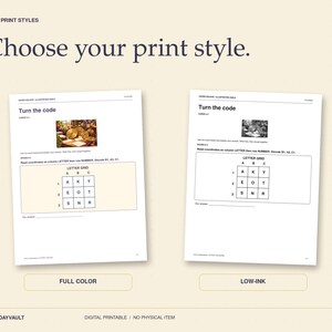May include: Two white paper sheets titled Turn the code, displaying a letter grid puzzle. One sheet features a full-colour image, while the other shows a low-ink black and white version. Both pages include instructions to decode coordinates using a grid.
