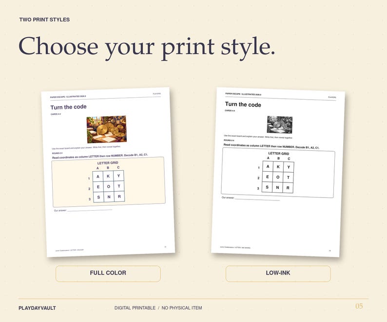 May include: Two white paper sheets titled Turn the code, displaying a letter grid puzzle. One sheet features a full-colour image, while the other shows a low-ink black and white version. Both pages include instructions to decode coordinates using a grid.