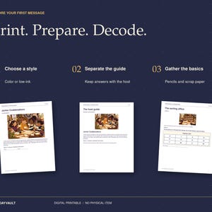 May include: A dark blue instructional graphic titled Print. Prepare. Decode. featuring three steps for a game: Choose a style, Separate the guide, and Gather the basics. Three white paper sheets are displayed showing Junior Codebreakers, The host guide, and The sorting office with text and illustrations.