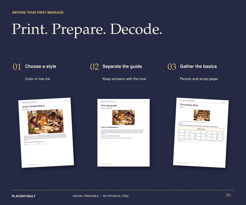 May include: A dark blue instructional graphic titled Print. Prepare. Decode. featuring three steps for a game: Choose a style, Separate the guide, and Gather the basics. Three white paper sheets are displayed showing Junior Codebreakers, The host guide, and The sorting office with text and illustrations.