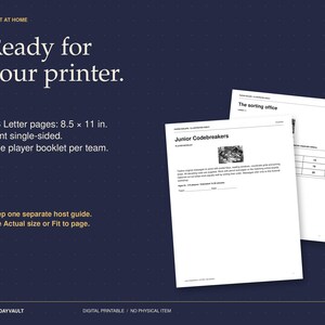 May include: A digital printable game set featuring two white paper booklets titled Junior Codebreakers and The sorting office. The dark blue background displays instructions for US Letter pages measuring 21.59 x 27.94 cm, print settings, and player requirements for this home activity.