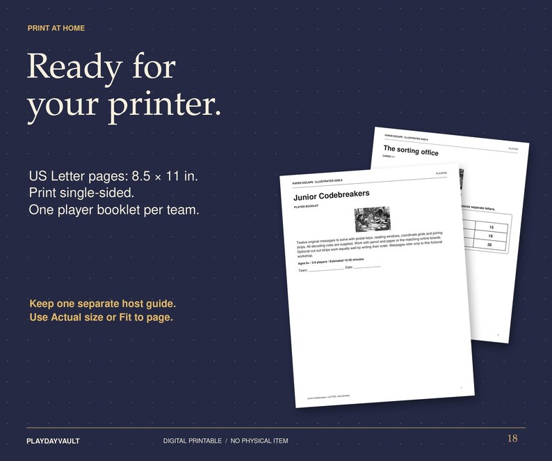 May include: A digital printable game set featuring two white paper booklets titled Junior Codebreakers and The sorting office. The dark blue background displays instructions for US Letter pages measuring 21.59 x 27.94 cm, print settings, and player requirements for this home activity.