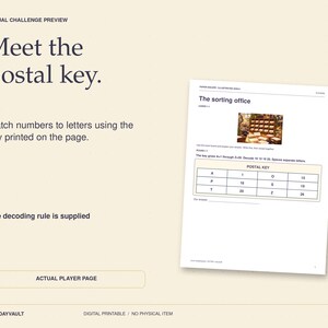 May include: A digital printable game page titled The sorting office featuring a postal key table. The table maps letters A, P, T, O, S, Z to numbers 1, 16, 20, 15, 19, 26. Instructions state to match numbers to letters to decode the message.