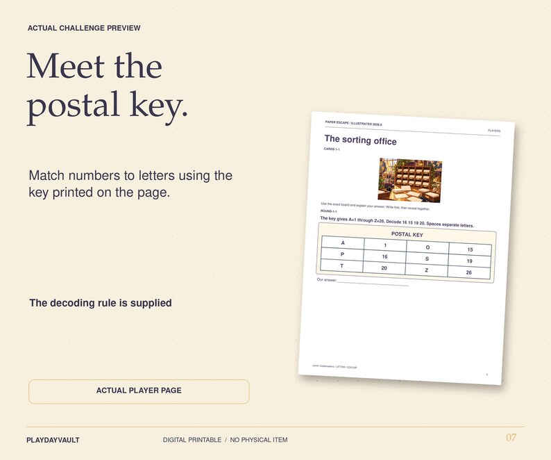 May include: A digital printable game page titled The sorting office featuring a postal key table. The table maps letters A, P, T, O, S, Z to numbers 1, 16, 20, 15, 19, 26. Instructions state to match numbers to letters to decode the message.