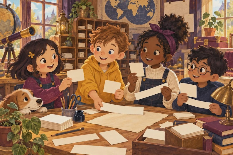 May include: Four children are gathered around a wooden table, holding blank white cards and strips of paper. They are in a room with a globe, a telescope, and bookshelves. A small brown and white dog sits on the table near a potted plant.
