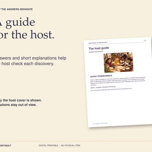 May include: A digital printable host guide document with the text A guide for the host, Answers and short explanations help the host check each discovery, Only the host cover is shown, Solutions stay out of view, and The host guide.