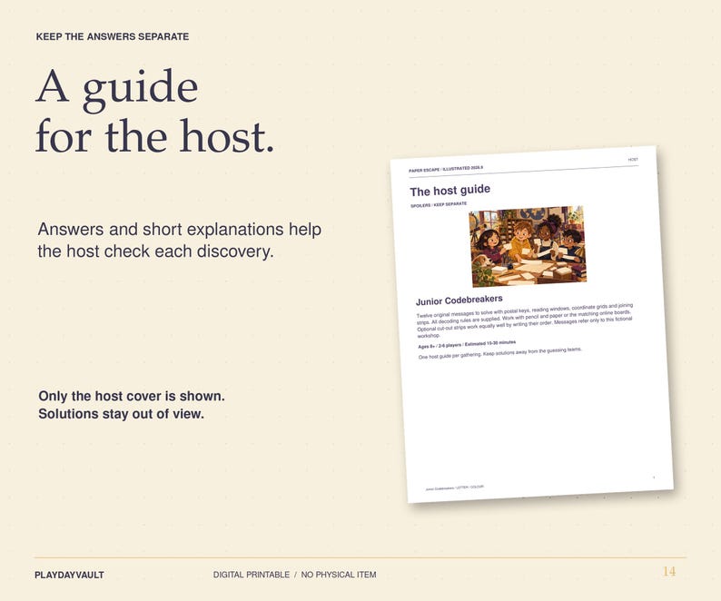 May include: A digital printable host guide document with the text A guide for the host, Answers and short explanations help the host check each discovery, Only the host cover is shown, Solutions stay out of view, and The host guide.