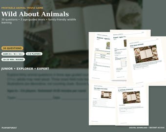 Juego de preguntas y respuestas sobre animales para imprimir, ideal para niños y familias. 30 preguntas, 3 niveles de edad.