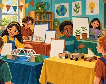 Juego de lógica imprimible "Detectives de la Feria de Ciencias" para niños de 8 años en adelante, 12 preguntas de evidencia, PDF a color y de bajo consumo de tinta.