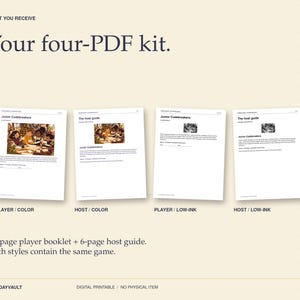 May include: A four-PDF kit titled Your four-PDF kit, featuring Junior Codebreakers and The host guide booklets in colour and low-ink versions. Includes a 16-page player booklet and a 6-page host guide, both containing the same game content.