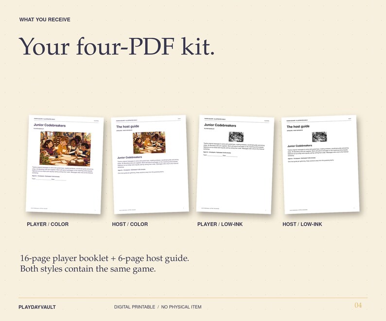 May include: A four-PDF kit titled Your four-PDF kit, featuring Junior Codebreakers and The host guide booklets in colour and low-ink versions. Includes a 16-page player booklet and a 6-page host guide, both containing the same game content.