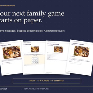 May include: Junior Codebreakers printable game set featuring four white pages with black text and illustrations. Includes a title page, a Turn the code page with a letter grid, a team score sheet, and a certificate of teamwork for 2-6 players.