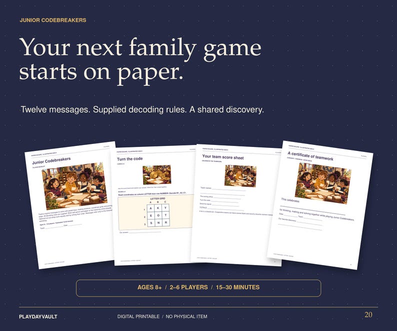 May include: Junior Codebreakers printable game set featuring four white pages with black text and illustrations. Includes a title page, a Turn the code page with a letter grid, a team score sheet, and a certificate of teamwork for 2-6 players.