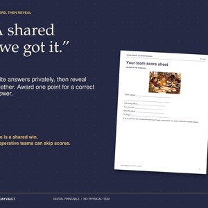 May include: A white paper score sheet titled Your team score sheet with a small illustration of a group of people at a table. The text includes Record, then reveal, A shared we got it, Write answers privately, then reveal together, and A tie is a shared win.
