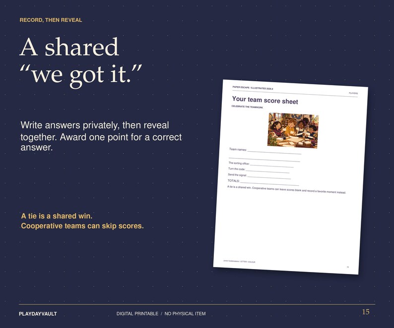 May include: A white paper score sheet titled Your team score sheet with a small illustration of a group of people at a table. The text includes Record, then reveal, A shared we got it, Write answers privately, then reveal together, and A tie is a shared win.