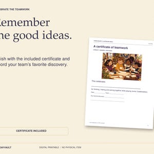 May include: A digital printable document titled A certificate of teamwork featuring an illustration of four children working together at a table. The form includes blank lines for recording the date, team name, and favourite discovery.