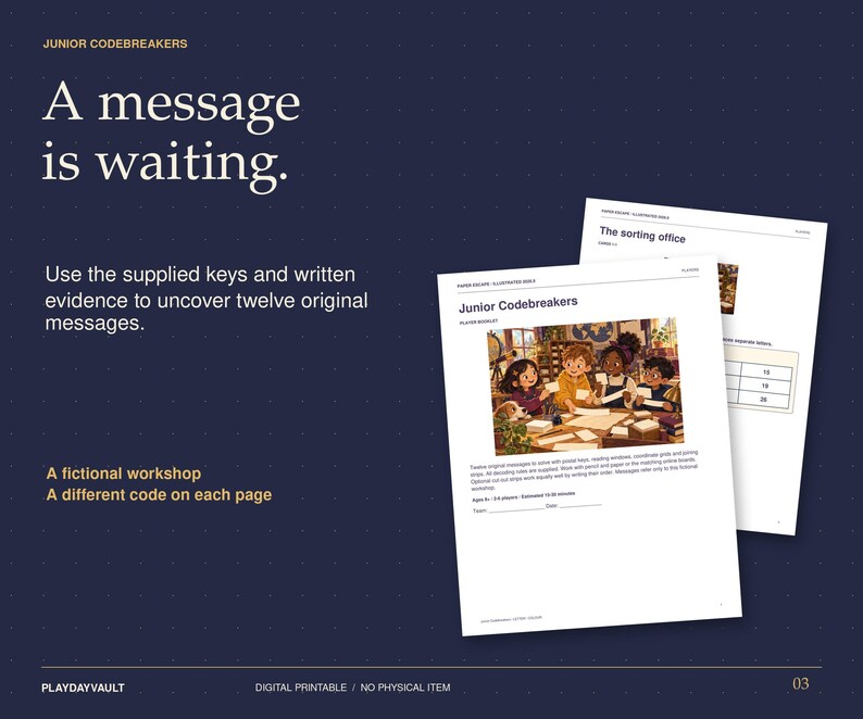 May include: A digital printable game titled Junior Codebreakers featuring a dark blue background with white text that reads A message is waiting. Use the supplied keys and written evidence to uncover twelve original messages. A fictional workshop.