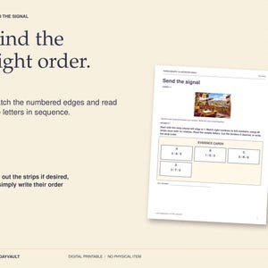 May include: A digital printable game page titled Send the signal with instructions to find the right order by matching numbered edges. The page includes a colourful illustration of a telescope and four evidence cards labelled A, B, C, and D.