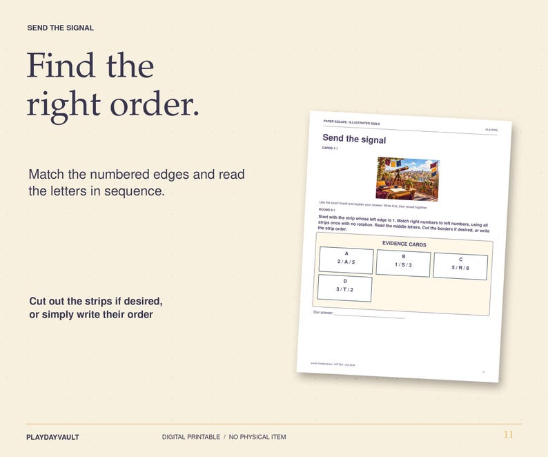 May include: A digital printable game page titled Send the signal with instructions to find the right order by matching numbered edges. The page includes a colourful illustration of a telescope and four evidence cards labelled A, B, C, and D.