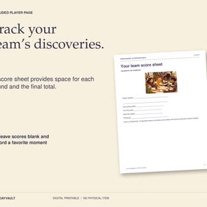 May include: A white printable score sheet titled Your team score sheet with a small illustration of a group of people at a table. The document includes lines for team name, scoring, codes, signals, and totals, with text about recording moments.