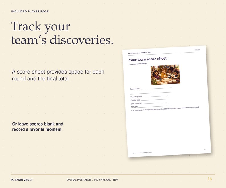 May include: A white printable score sheet titled Your team score sheet with a small illustration of a group of people at a table. The document includes lines for team name, scoring, codes, signals, and totals, with text about recording moments.