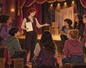 Juego de misterio imprimible de Theatre Casebook para niños, 3 casos entre bastidores y 12 preguntas, para mayores de 8 años, actividad familiar, PDF a color y de bajo consumo de tinta.