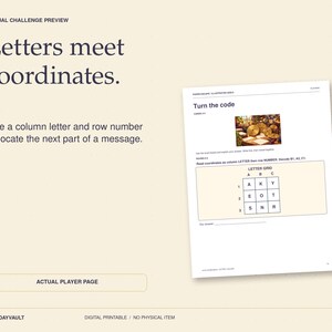 May include: A printable puzzle page titled Turn the code featuring a small image of gold cymbals and a letter grid with rows 1-3 and columns A-C. The grid contains letters A, K, Y, E, O, T, S, N, R. Text includes instructions to use a column letter and row number to locate the next part of a message.