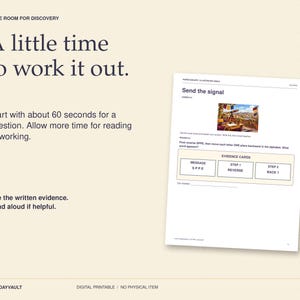 May include: A digital printable page titled 'Send the signal' featuring a puzzle with a small illustration of a telescope, instructions to reverse letters and move backward in the alphabet, and three boxes labelled 'Evidence Cards'.