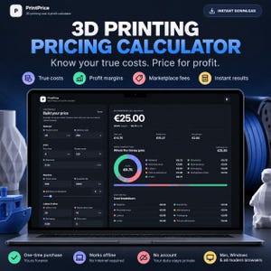 Puede incluir: Una pantalla de portátil que muestra el software de calculadora de precios de impresión 3D PrintPrice. La interfaz muestra campos de entrada para costes de material, tiempo de impresión, electricidad y máquina, junto a un gráfico.