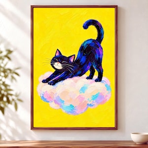 May include: A framed wall art print featuring a black cat with blue and purple highlights stretching on a fluffy, multi-colored cloud. The background is a solid, vibrant yellow, and the cat has a white muzzle and long whiskers.
