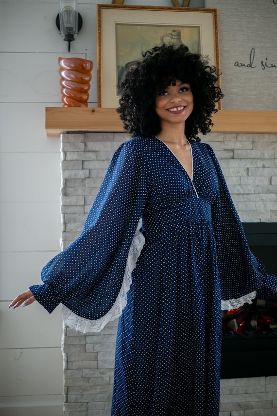 1970s Angel Wing Dress | Polka Dot | Puff Sleeves