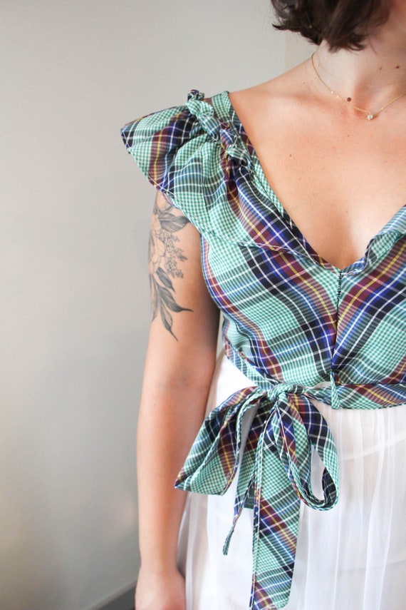 Vintage | Sheer Plaid Dress | Ruffle Shoulder | Fl