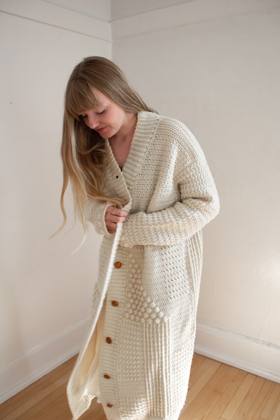 Vintage Hand Knit Bobble Cardigan Floor Length Unique Rare Three Sizes Available