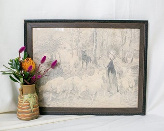 Vintage Etching of Woman with Sheep and Wolves | Folk Art | Original Framed Art