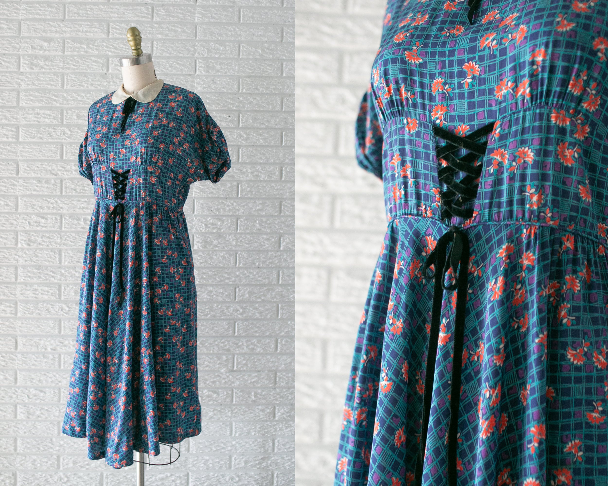 Vintage 1940's Silky Rayon Mini Dress Novelty Print Velvet