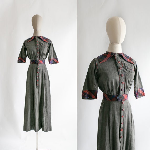 Vintage 1940's Wool Plaid Dress | Full Length Dre… - image 1