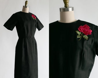 Vintage Late 1940's Edgar Harvey Black Dress | Black Silk Linen Dress With Rose Embroidery