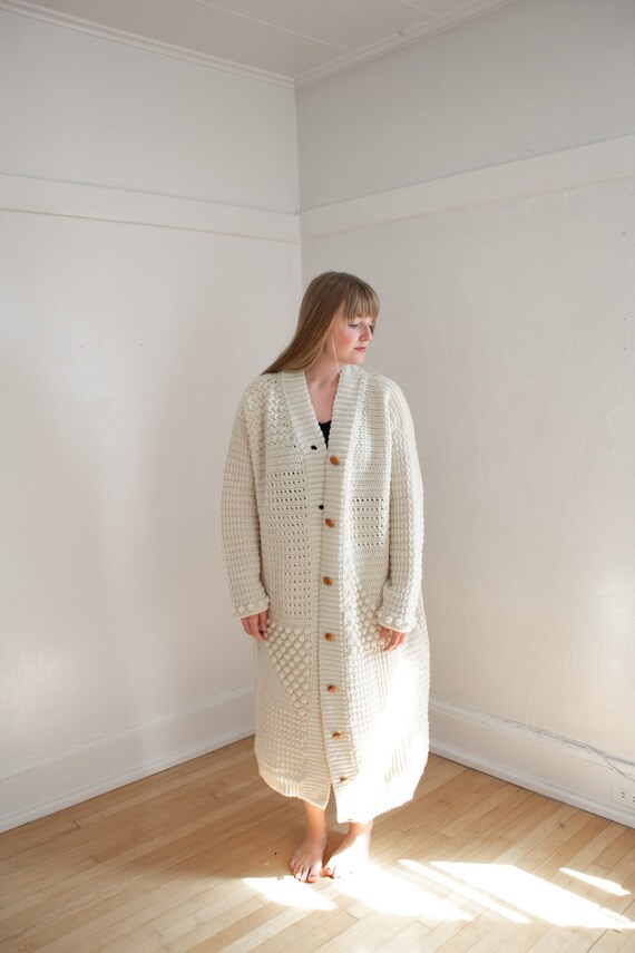Vintage Hand Knit Bobble Cardigan Floor Length Unique Rare Three Sizes Available